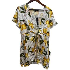 Lulus Lemon Print Mini Dress White Yellow Citrus Front Tie V-Neck Short Sleeve L